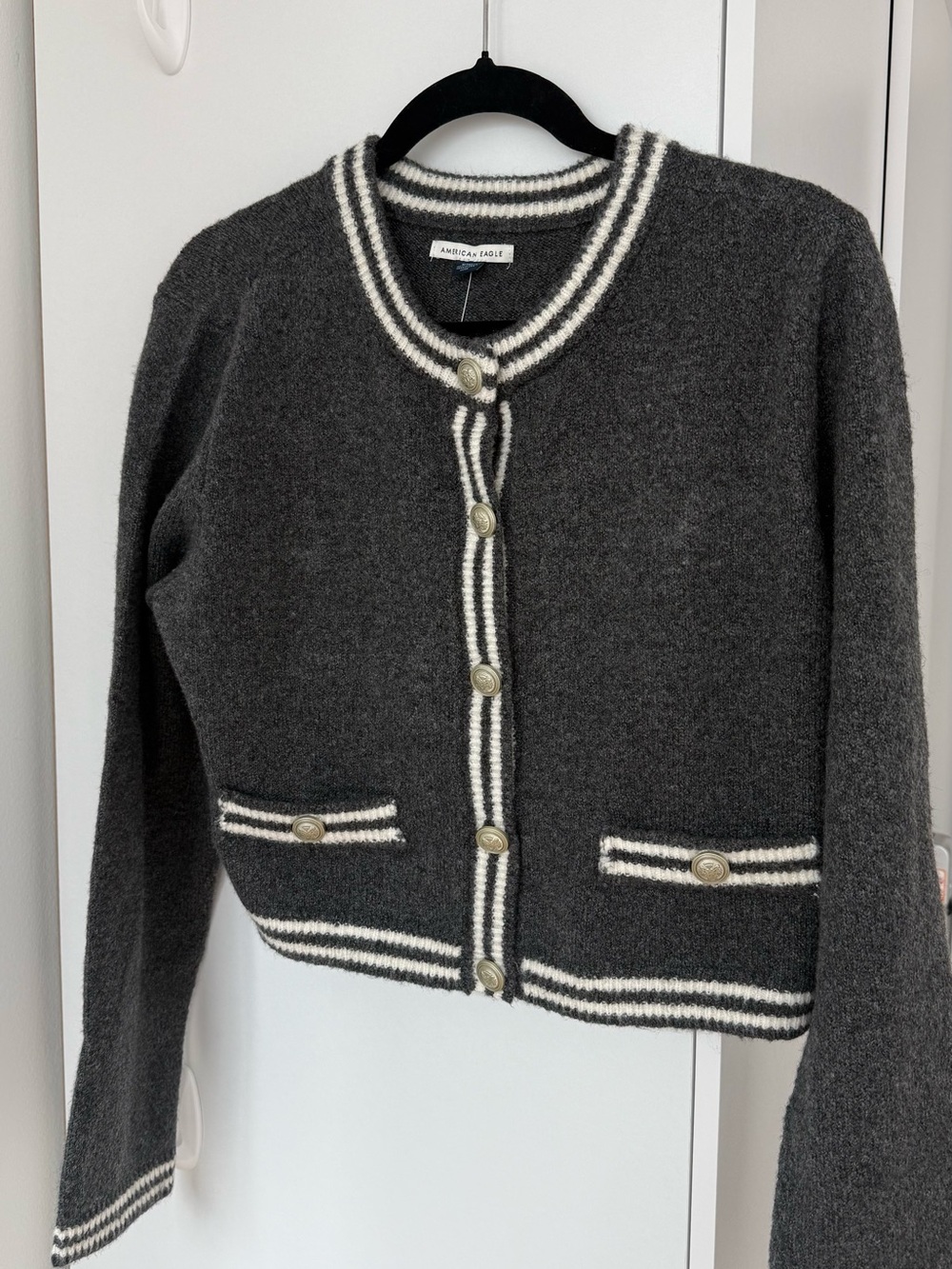 American Eagle Outfitters Charcoal Cardigan with Cream Trim
